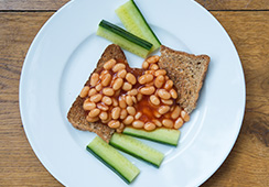 3 tablespoons baked beans, ¾ slice wholemeal toast, 5 small cucumber sticks
